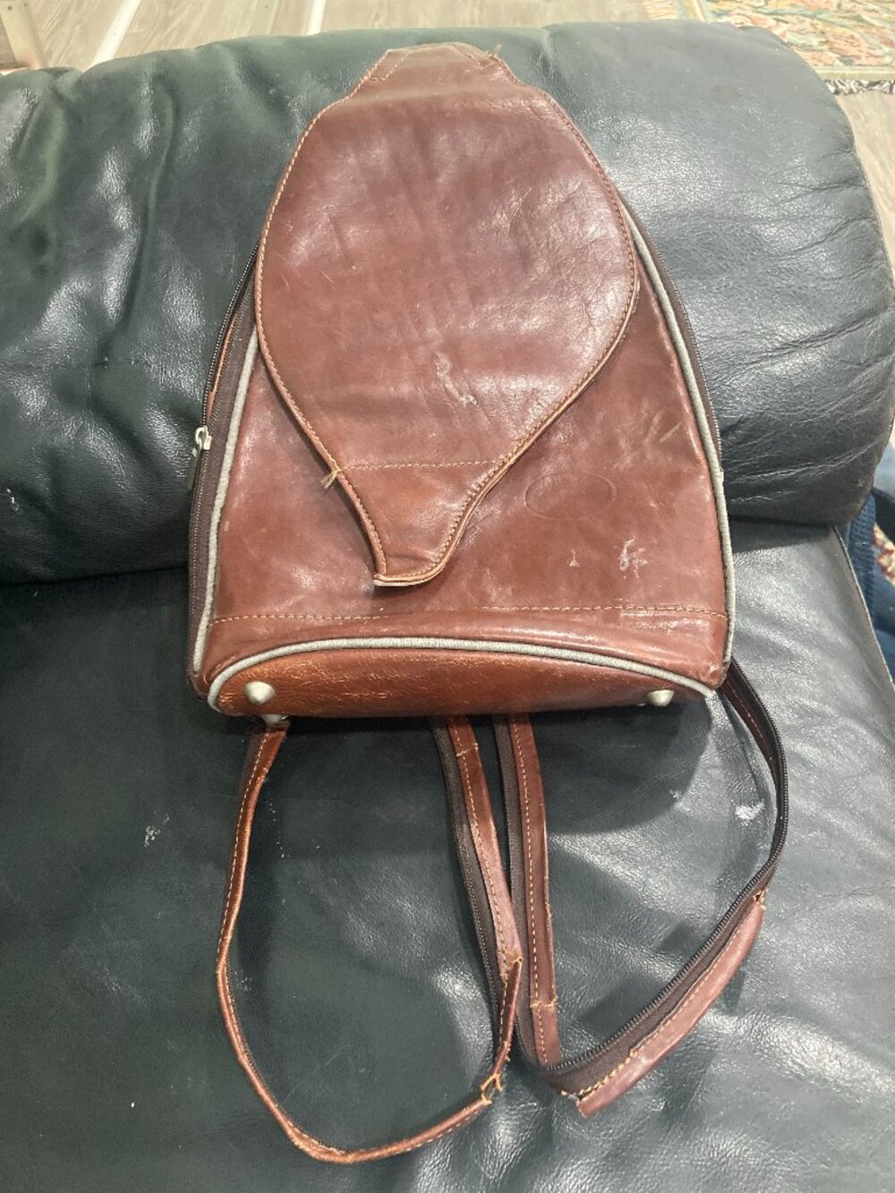 Vintage Brown Leather Sling Backpack - Teardrop Shape